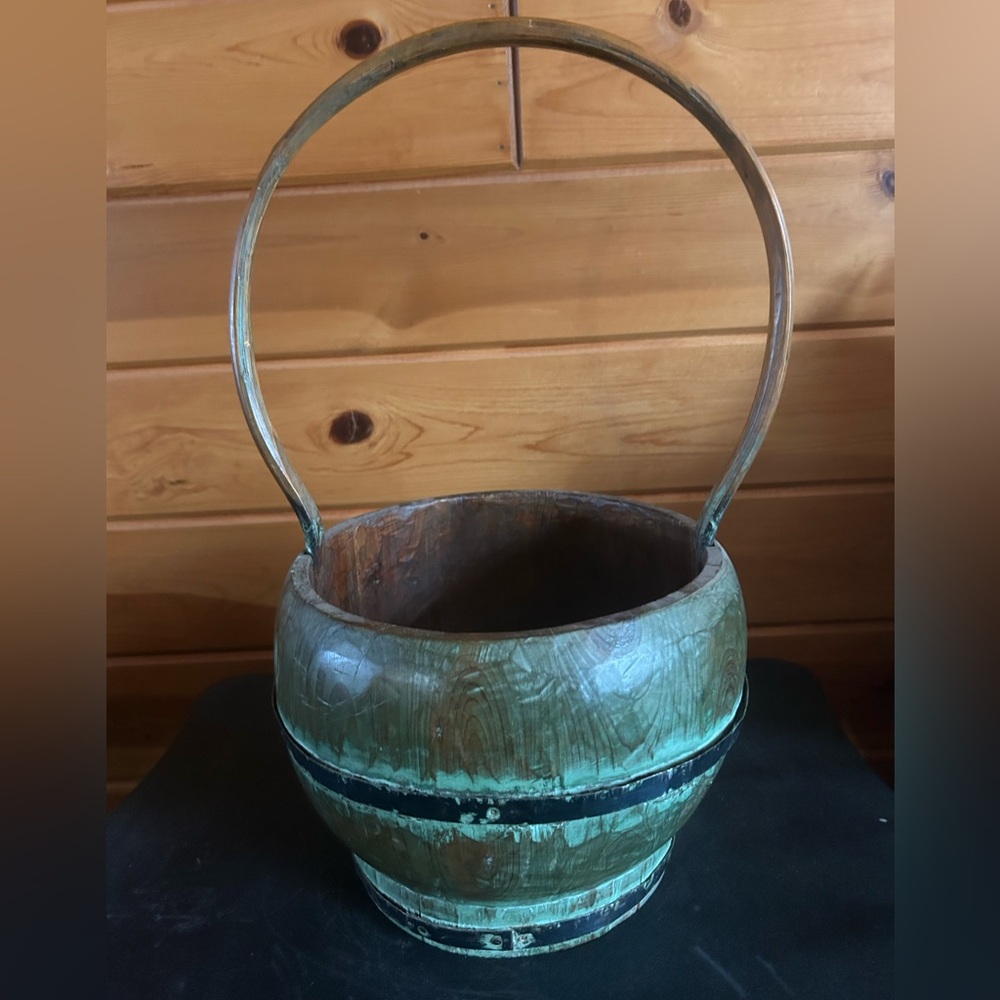 Rustic Green Wooden Basket with Metal Bands